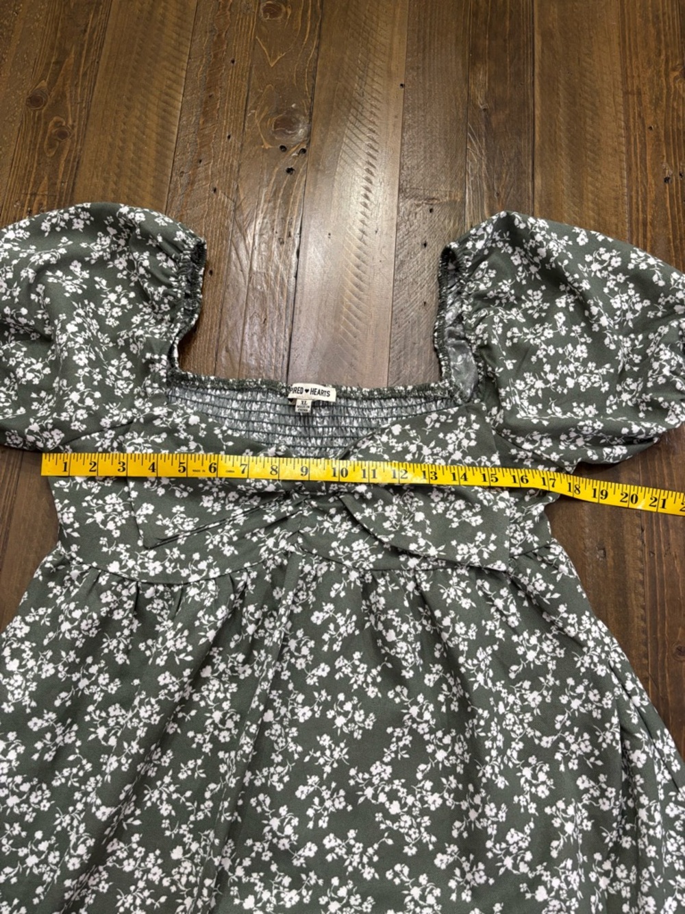 Inspired Hearts Olive Green Floral Puff Sleeve Dress with Bow Accent - Picture 5 of 5